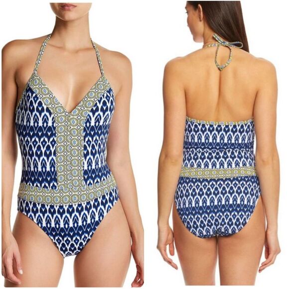 Bleu Rod Beattie Road to Morocco Halter One Piece Bathing Suit Yellow/Blue/White - Picture 1 of 8